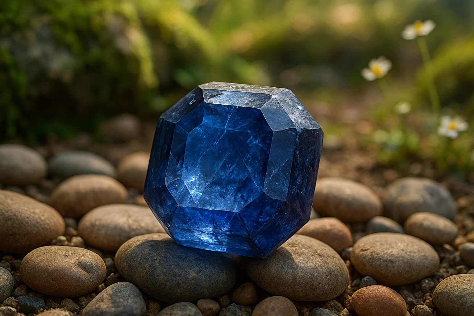 Image of an ocagonal saphire stone that looks natural with relatable natural background